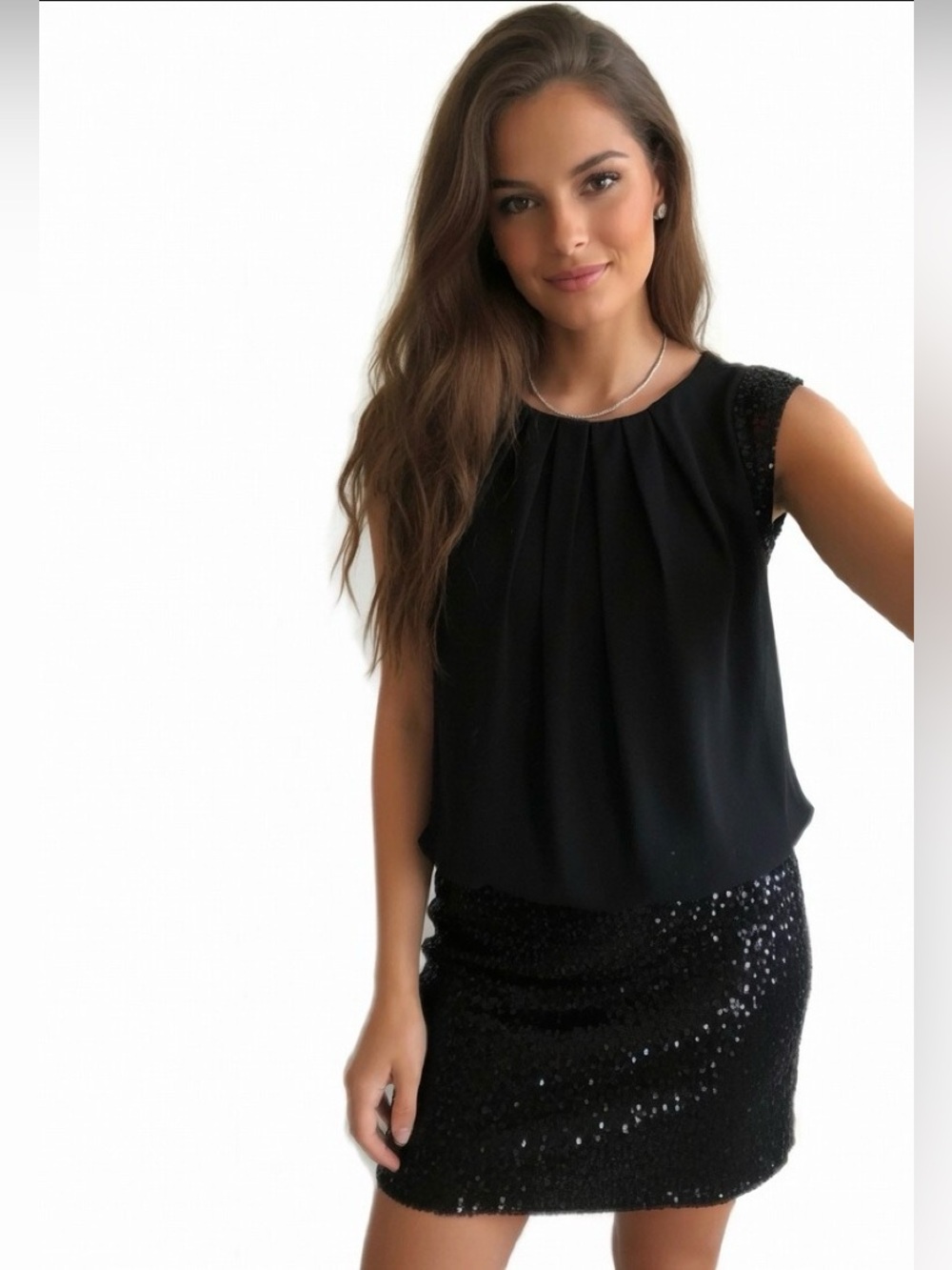 Jessica McClintock Black Sequin Blouson Top Fitted Skirt Cocktail Dress Size 2